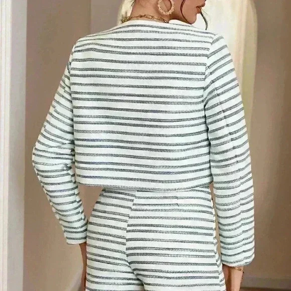 Multicolor Casual Womens Striped Print Double Breasted Jacket & Bodycon Skort - Picture 2 of 5